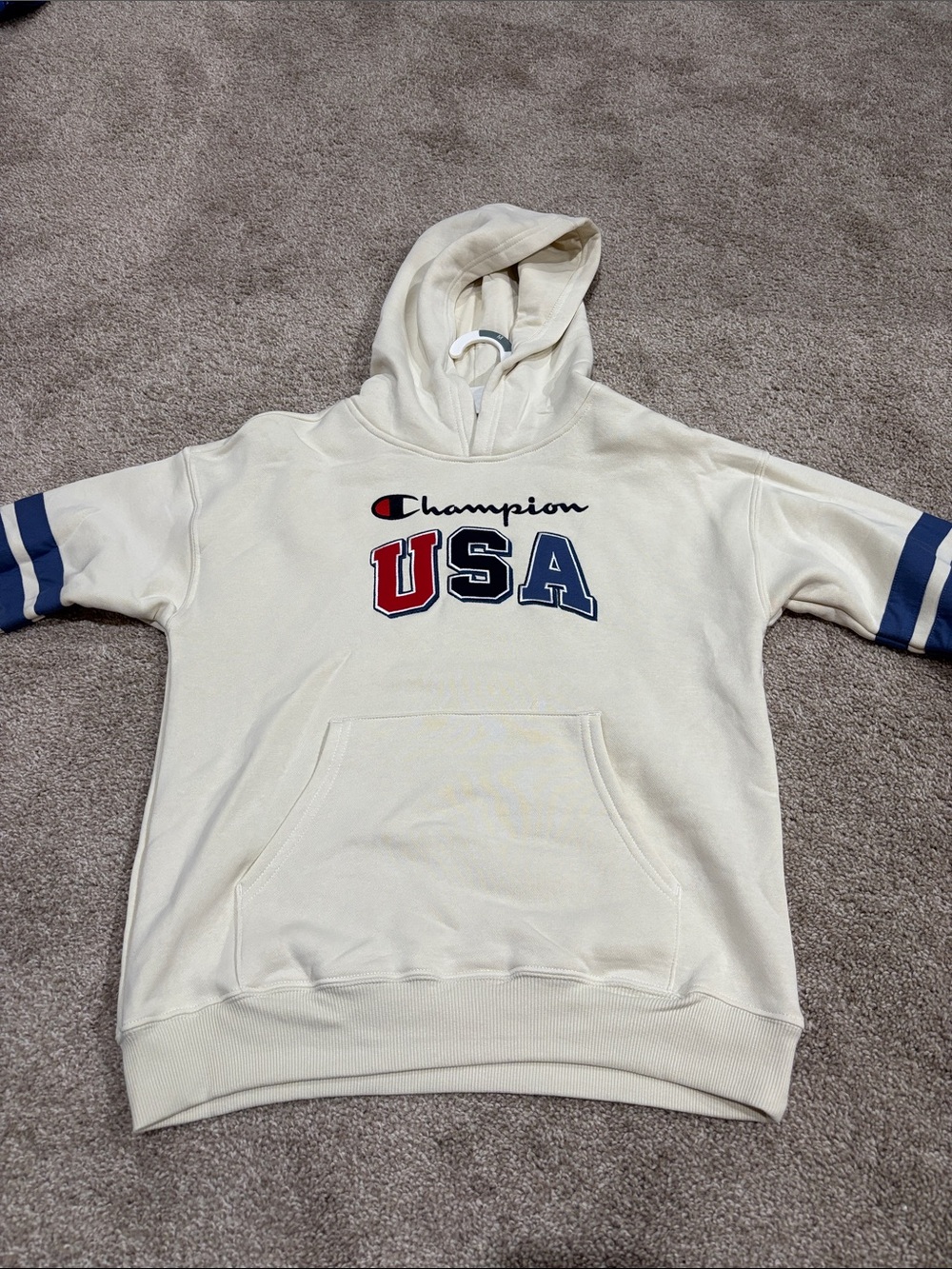 Champion kids Cream Hoodie with Red and Blue USA Applique